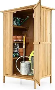 Goplus Outdoor Storage Cabinet, 5 × 3 FT Wooden Garden Shed with Asphalt Roof, 3 Shelves, Lockable Door, 5 Hanging Hooks, Outside Utility Tool Shed Organizer for Backyard, Patio, Deck, Natural