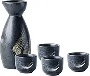 5 pc Japanese Design Ceramic Sake Set, Blue Black