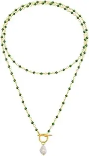 [Tomovely] Women's Jade Beaded Necklace, Cross Buckle Plated Gold Chain Handmade Long Necklace Jewelry Clothing 6mm Baroque Style Pearl Pendant Necklace