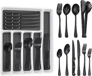 53PCS Black Silverware Set for 8 with Cutlery Drawer Organizer Stainless Steel