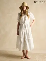 Joules Juliana 100% Cotton White Broderie Midi Dress (E80089) | $205
