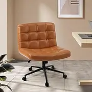 Oikiture Armless Office Chair with Mid Back and Wheel PU Leather Cross Criss Chair Brown