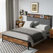 Queen Bed Frame with Industrial Design, Tufted Soft Headboard & USB Charging Sta