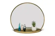 Round Table Wall Mirror with Shelf Storage in Brass Finish