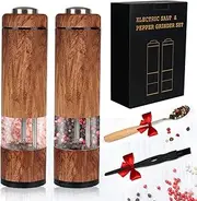 Electric Salt and Pepper Grinder Set, Battery Operated Pepper Grinder with LED Light, One Handed Operation, Adjustable Coarseness, Slat and Pepper Shakers Set Electric (Wood Grain)
