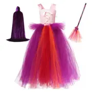 Kids Hocus Pocus Sara Sanderson Mesh Dress Girls Outfit Cloak Magic Wand