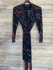 Lauren Ralph Lauren Black Label Equestrian Print Wrap Dress Knit Blue Size 4