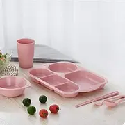 4PCS/5PCS/6PCS/16PCS Wheat Straw Dinnerware Set Tableware Suit Cutlery Set Canteen Family Children Cup Bowl Dinner Plate Chopsticks Fork Spoon Color Box (6PCS, Pink)
