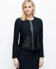 Ann Taylor Size 14 Blue Black Textured Tweed Faux-Leather Trim Blazer Jacket (H)