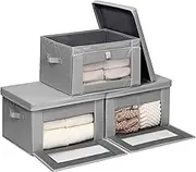 STORAGEIDEAS Thick Fabric Storage Bins with Lids, Collapsible Storage Box Closet Shelf with Clear Window, Decorative Baskets for Clothes, 3 Set, Grey, Medium