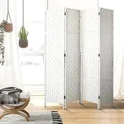 OIKITURE 4 Panels Room Divider,Foldable Wooden Privacy Screen Dividers Partition Wall Screens for Home Pet Child Balcony Bedroom Bathroom, Portable Rattan Partition Separator Water-Resistant,White