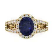 2.24 Oval split shank Blue Sapphire Promise Engagement Ring 14k Yellow Gold