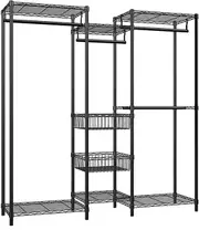 Wire Garment Rack Clothes Hanger Storage Armoire 4 Hanger Rod Shelves Basket