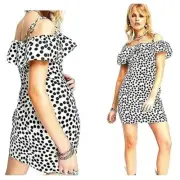 TopShop Women's Mini Dress Size 14 Satin Ruffle White Black Polka Dots Party NEW