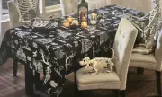 Tahari Halloween Haunted House Jacquard Black Silver Cloth Tablecloth 60 X 84”