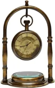 Brass Desk Clock Nautical Antique Table Decor Maritime Vintage Watch Compass