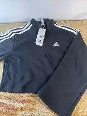 Adidas Womens Crop Sweatshirt Size M Black 3 Stripes Round Neck Long Sleeve
