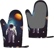 Silicone Oven Mitts 2 Pack Heat Resistant 450 Degrees Astronaut Solar System Planets Oven Gloves BBQ Gloves Waterproof Non-Slip Kitchen Mitts Potholders for Baking Cooking Barbecue