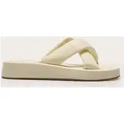 Cream Stretch Lycra Square Toe Criss Cross Strap Flatform Sandals, Cream