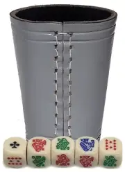 16mm Poker Dice Ivory Rounded w/Pouch + Real Leather Compact Dice Cup Grey Black