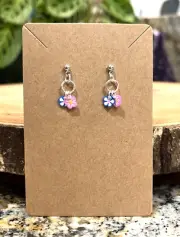 Stainless Steel 3mm Ball Flowers Pink Blue Mini Dangle Clay Charm Earrings