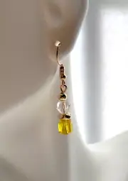 Yellow Glass Cube Square Clear Crystal Bead Stick Earrings Handmade Gold Tone