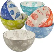 Seaside 6.25" All Purpose 30 Oz. Bowls,Set of 6 Assorted Designs, Multicolor