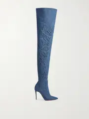 [Christian Louboutin] Christian Louboutin - Kate Botta Loubijeans 100 Denim Pointed-toe Over-the-knee Boots - Light denim - IT37.5 IT 37.5 Blue