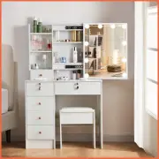 Vanity Desk Set Dressing Table w/ LED Makeup Mirror White Dresser Desk and Stool