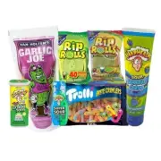 GARLIC JOE PICKLE KIT WITH RIP ROLLS, WARHEADS SOUR CANDY TROLLI BRITE CRAWLERS