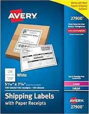 Avery White Shipping Labels with Paper Receipts, 5-1/16"x7-5/8, 100 Pack (27900)