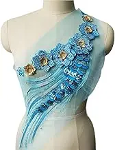 Lace Applique，Embroidered Appliques， Sky Blue Flower Lace Fabric Sequin Tassel Embroidered Gown Appliques Collar Mesh Sew Patch for Wedding Decoration Dress DIY