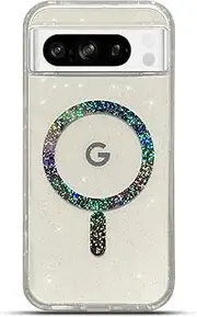 for Google Pixel 8 Pro Case 6.7" Compatible with Magsafe Magnetic Bling Glitter Clear Shiny Sparkle Holographic Laser Star Luxury Military-Grade Shockproof Protect Soft Phone Cover for Women