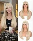 Long Straight Wigs Blonde Wig with Bangs Heat Resistant Fiber Synthetic Hair ...