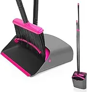JEHONN Broom With Dustpan Combo, Long Handle Lightweight Indoor Broom, Upright Standing Dust Pan With Comb Teeth for Home Room Kitchen Office Lobby (Rose Red)