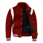 Varsity School Bomber Stylish Red Wool & White Leather Strips College Jacket