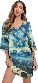[RPLIFE] Statue of Liberty Starry Night Ladies Chiffon Dress 3/4 Sleeve Line Dress Woman S-XXL