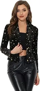 [Allegra K] Printed Velvet Blazer for Women 1 Button Business Office Crop Metallic Stars Jacket Suits