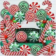 36 Pcs Christmas Candy Balloons Kit, Large Cane Swirl Candy Foil Balloons with 2 Pcs Ribbons, Red Green Mylar Sweet Candies Theme Balloons for Christmas Birthday and Candies Theme Party Decorations