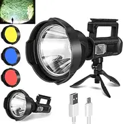 Rechargeable Spotlight, 1,000,000 Lumen LED Spot Lights Handheld Large Flashlight High Lumens Super Bright Searchlight with 4 Modes, 3 Colored Lenses, USB Output, IPX5 Waterproof, Tripod