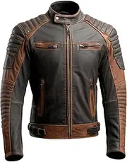 [Sumairah] Mens Motorcycle Sheepskin Coat Cafe Racer Casual Multi Zipper Pockets Stand Collar Genuine Leather Jackets