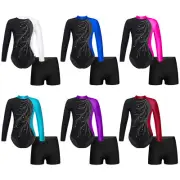 Girls Gymnastics Leotard Sparkle Biketard Dance Unitard Fitness Shorts Jumpsuit