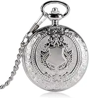 [QRDYL] Pocket Watch,Silver Shield Design Pocket Watch Men Women Clock Mechanical Hand-Winding Gift Chain,Default