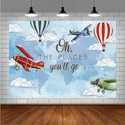 Oh The Places You'll Go Adventure Begin Photography Background Travel Themed Let The Adventure Begin Airplane Hot Air Balloon Around The World Map Newborn Birthday Shower Party Decoration (5X3FT)