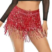 [YQYQMZDP] Women's Sequins Tassel Skirts Shorts Rave Festival Bottoms Red