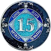 (Years 1-50) NA 15 Year Crystals and Glitter Medallion, Silver Color Plated Coin, Black Rainbow, Blue Glitter and Four Clear Crystals, Epoxy Covered (NA 15 Years Clean Time)