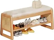 Shoe Bench Solid Wood Shoe Bench Entrance Shoe Bench,Solid Wood Frame Soft Cushion High-Resilience Sponge Filling,Trapezoidal Crossbar Frame,Suitable for Living Room Bedroom Entrance Sofa(Wh