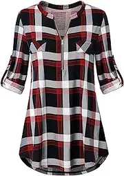 [Odosalii] Womens Zip Up Plaid Tunic Blouse Short/Long Sleeve Polo Top Floral Printed Shirts