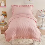 Cozyholy 4 Piece Textured Seersucker Toddler Bedding Set Girls Crib Sheets Set Pink Ruffle Baby Bed Comforter Set Lightweight Bed in a Bag | Include Comforter, Flat Sheet, Fitted Sheet, Pillowcase