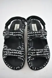 Chanel 22C Black White Tweed CC Logo Mule Slide Strap Flat Dad Teva Sandal 38.5